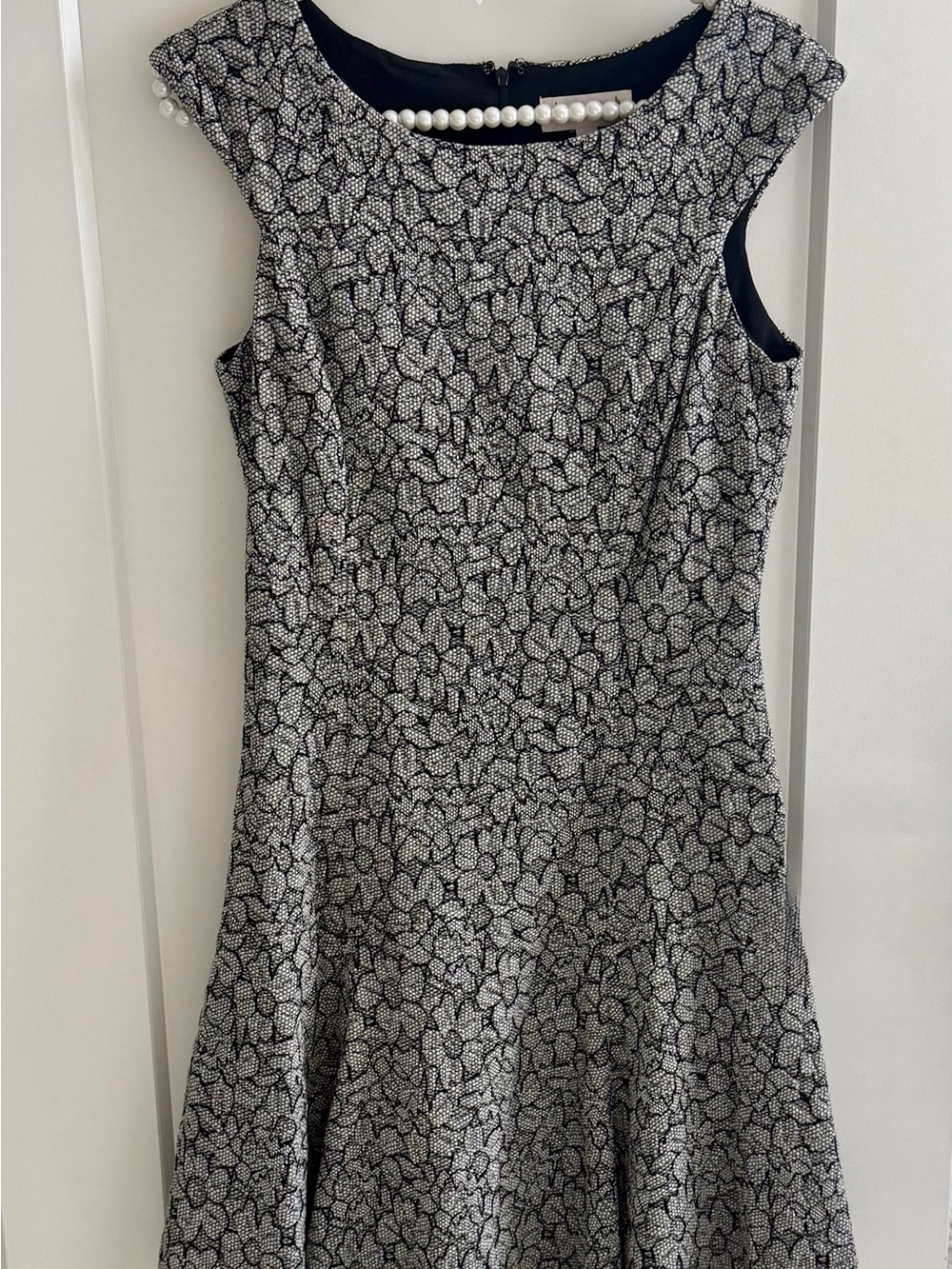Nanette Lepore Black and White Floral Jacquard Pearl-Trim Fit-and-Flare Dress